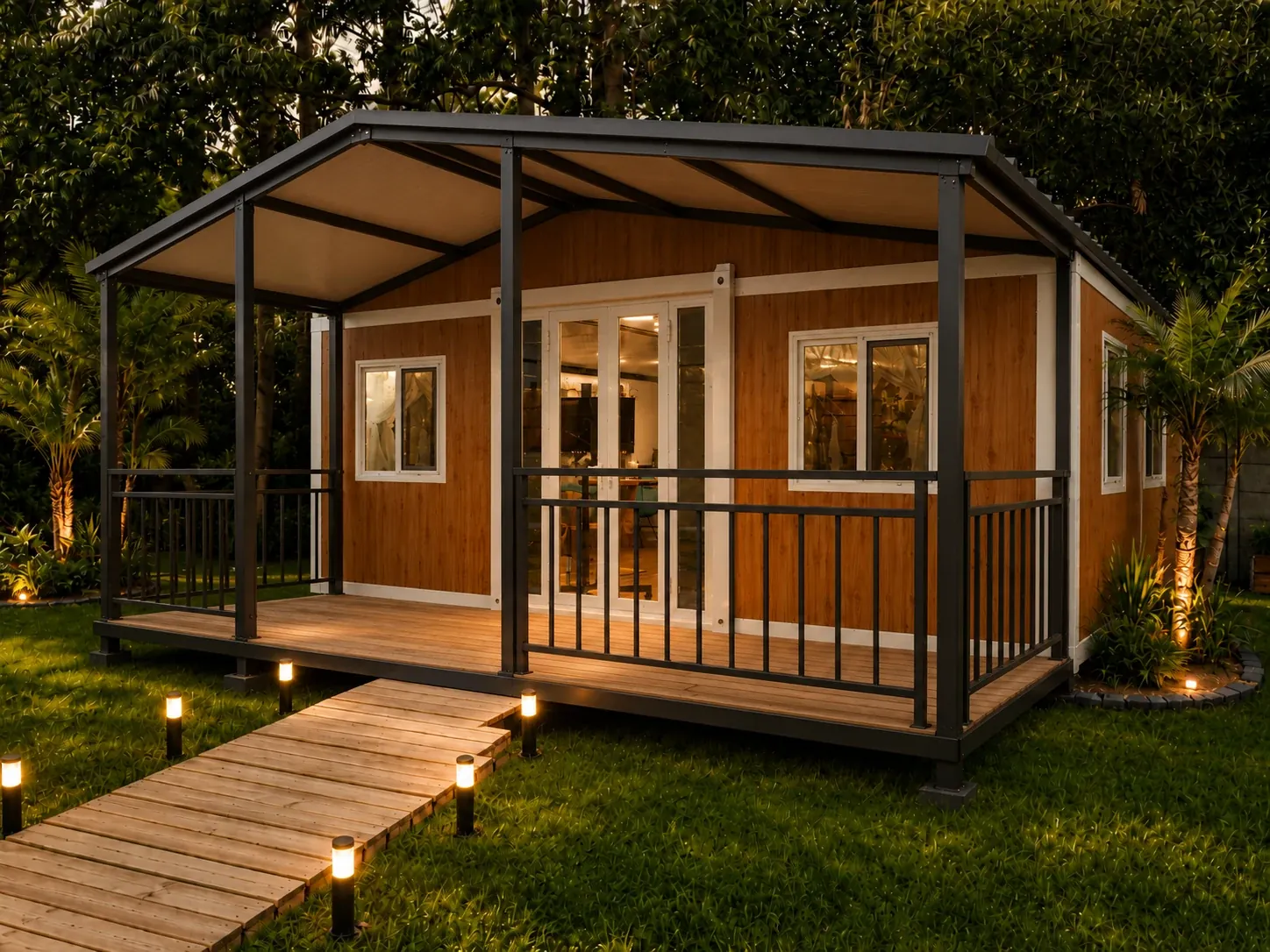 Wood-clad 20 ft expandable home with a covered porch in a garden at dusk