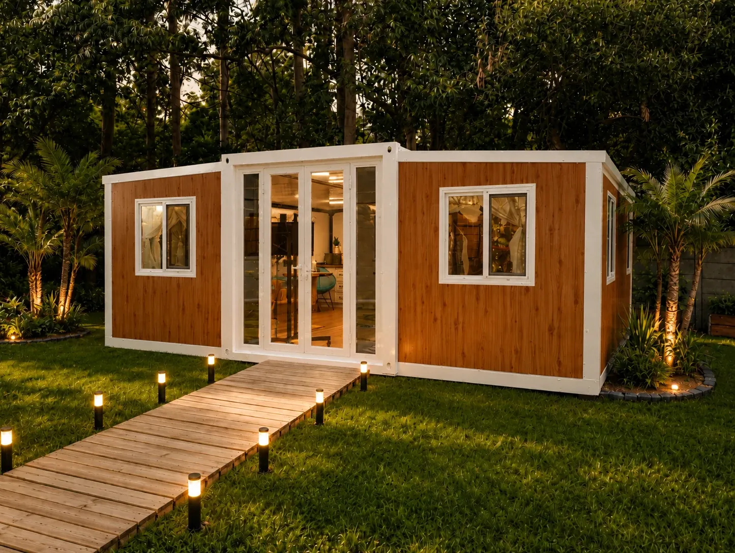 White-framed 20 ft expandable container home lit up at night