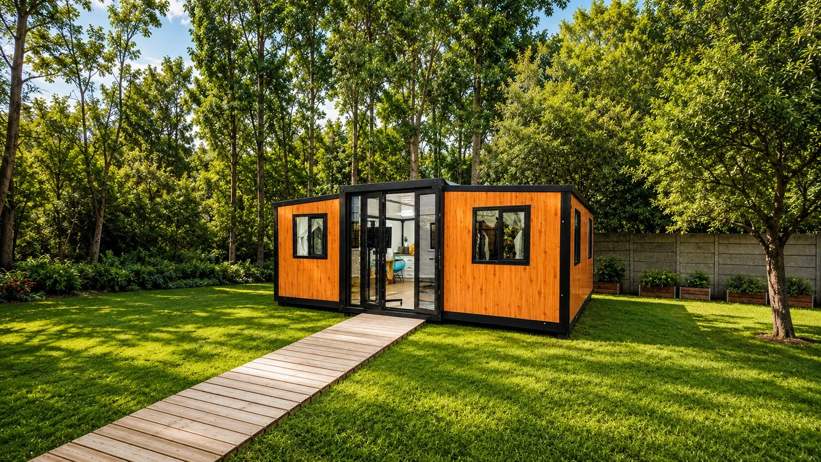 Wood-clad 20 ft expandable container home in a garden setting